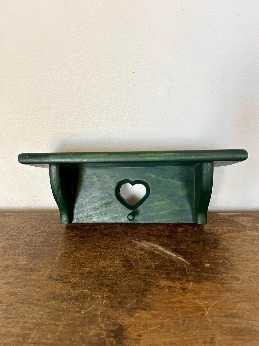 Vintage Green Wooden Shelf with Heart Cutout | Rustic Farmhouse Wall Decor